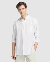 Emidio Tucci - Camisa De Lino Hombre Classic De Rayas Marrón en oferta