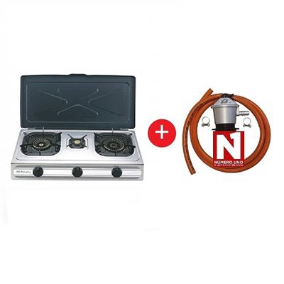 Hornillo a Gas Orbegozo FO 3500, Inox 3 fuegos + Regulador de Gas butano HVG