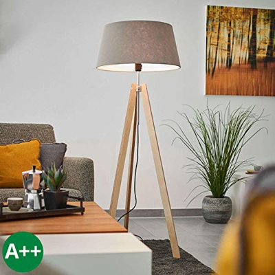 Lámpara de pie Thea de madera pantalla gris