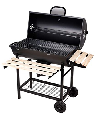 SunJas Barbacoas de Carbón Parrilla con Ruedas para Jardín Exterior BBQ con Soportes Facil Movimiento, con 2 Estantes de Madera Plegable para Almacena