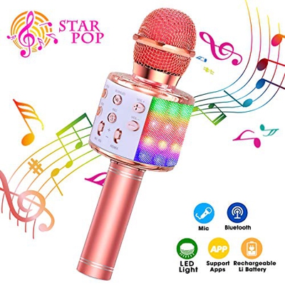 ShinePick Micrófono Karaoke Bluetooth, 4 en1 Microfono Inalámbrico Karaoke Portátil con Luces LED para Niños Canta Partido Musica, Compatible con Andr