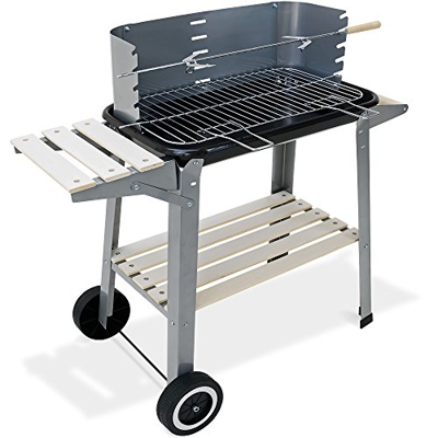 Deuba Barbacoa móvil de carbón vegetal Plateado con 2 estantes de madera y metal rejilla cromada con pinchos de barbacoa