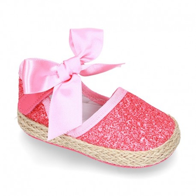 Alpargata Baby Con Velcro Y Lazo En Piel Con Glitter. 20 Coral
