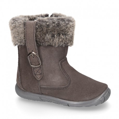 Botitas Niña Con Hebilla Y Cuello De Pelo En Piel Serraje. 28 Gris