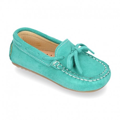 Mocasín Lazos Peques Piso Conductor En Piel Serraje. 22 Verde Agua