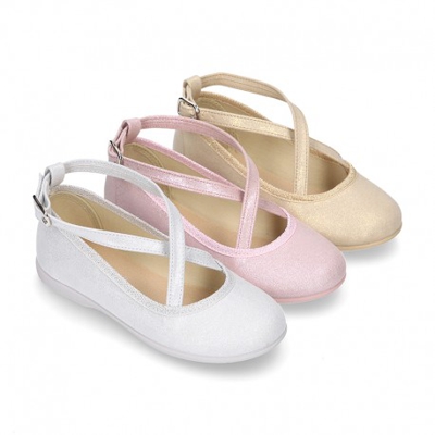 Merceditas Niña En Con Cintas Cruzadas En Lona Metalizada. 38 Plata