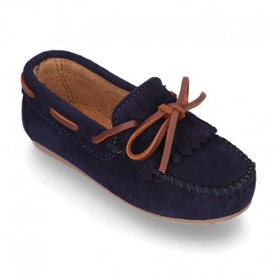 Mocasín Lazos Con Flecos En Piel Serraje. 35 Azul Marino