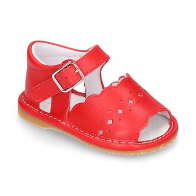 Sandalia Ondas Y Diseño Troquelado En Piel Para Bebés. 19 Rojo