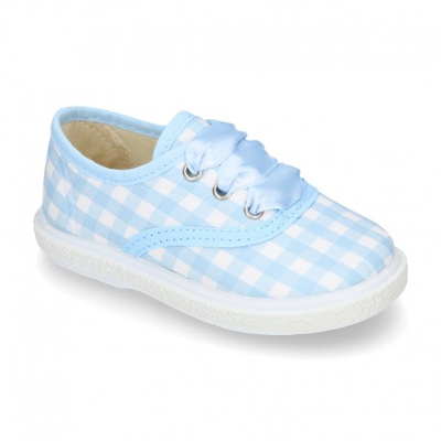 Zapatilla O Bamba En Lona Con Cuadros Y Lazo. 21 Azul