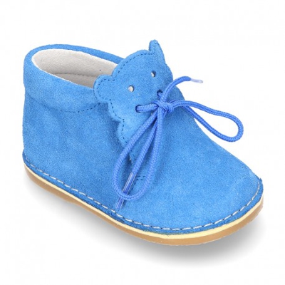 Botita Safari Bebé Osito Con Suela Super Flexible En Piel Serraje En Colores Pasteles. 18 Azulón