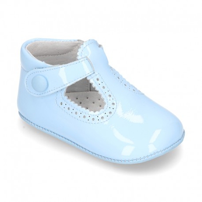 Nuevo Pepito Bebé Con Velcro Botón, Ondas Y Picados En Piel Charol. 20 Celeste