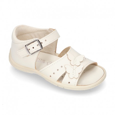 Sandalia Niña Peque En Piel Lavable Con Mariposas Y Suela Super Flexible. 18 Marfil