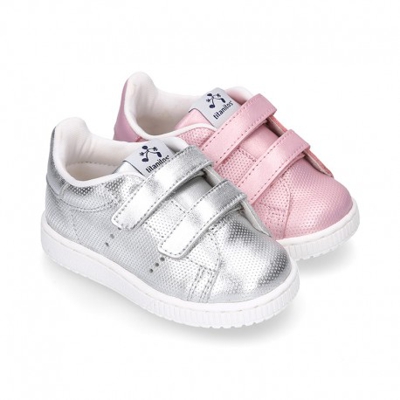 Nueva Zapatilla Moda Con Doble Velcro En Piel Metalizada. 20 Rosa.