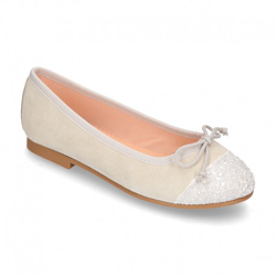 Nueva Bailarina Clásica Con Lazo Ajustable En Piel Ante Suave Con Glitter. 25 Gris Perla en oferta