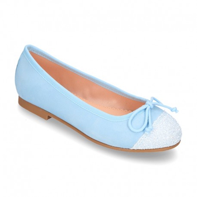 Nueva Bailarina Clásica Con Lazo Ajustable En Piel Ante Suave Con Glitter. 40 Celeste