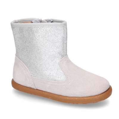 Botita Con Cremallera Y Glitter En Piel Serraje. 25 Gris Perla