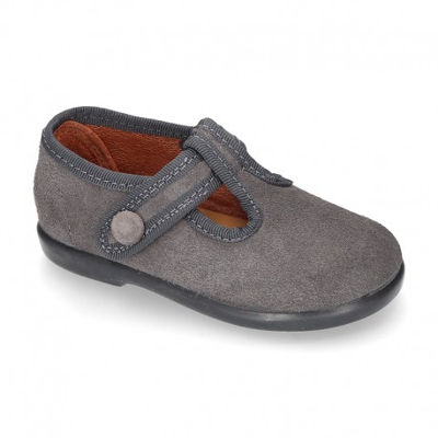 Zapatito Tipo Pepito Niño Velcro Botón En Piel Serraje. 19 Gris