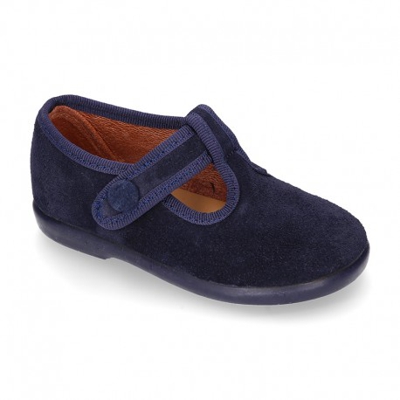 Zapatito Tipo Pepito Niño Velcro Botón En Piel Serraje. 26 Marino