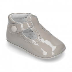 Nuevo Pepito Bebé Con Velcro Botón, Ondas Y Picados En Piel Charol. 17 Gris Perla precio