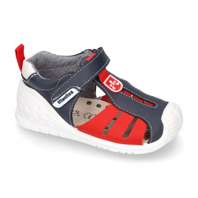 Nueva Zapatilla Tipo Sandalia Gateo Con Velcro, Puntera Y Talonera En Piel Lavable. 21 Marino-rojo