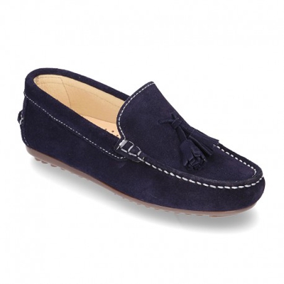 Mocasín Borlas Mayores Piso Conductor En Piel Serraje. 44 Azul Marino