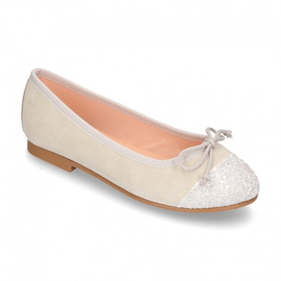 Nueva Bailarina Clásica Con Lazo Ajustable En Piel Ante Suave Con Glitter. 30 Gris Perla