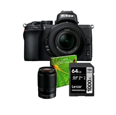 Nikon - Cámara Evil Z 50 Con Objetivo Z 16-50 Mm DX VR + Objetivo Z 50-250 Mm DX VR + Tarjeta SD 64GB + Trípode + Bolsa + Libro