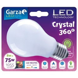 Bombilla LED Opal Estándar 8W, 1055 lumenes, E27, 360º, Luz Neutra (equivale a 75W) - GARZA características