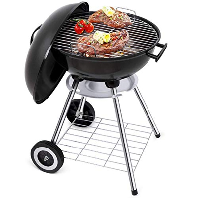Barbacoa portátil Esmaltada con Cesto Plegable Parrilla de Carbón Plegable con Tapa de Carbón con 4 Ruedas Soporte de 46 cm con asador para cocinar BB