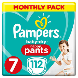 Pampers Baby-Dry - Pantalones de bebé para pañales (tallas 7 meses, 112 pañales, 17 + kg, paquete de ahorro mensual) características