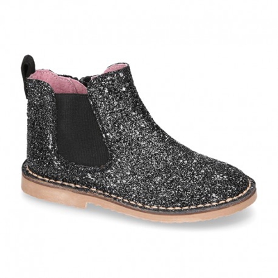 Botín Niña Con Elástico Y Cremallera En Piel Glitter Negro. 41 Negro