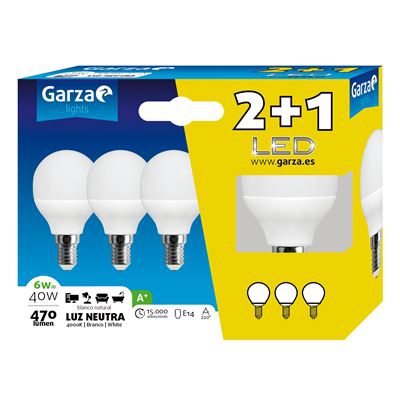 Bombilla LED esférica 6W casquillo E14 220º 470 lumenes Pack 2+1