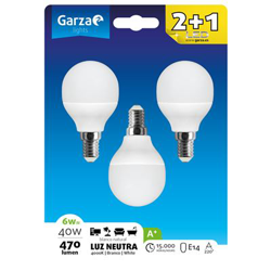 Bombilla LED esférica 6W, casquillo E14, 220º, 470 lumenes, Luz neutra, pack 3 características