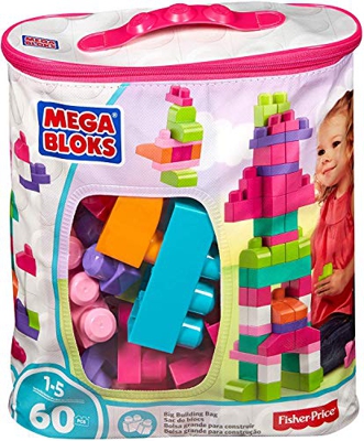 Mega Bloks Juego de construcción de 60 piezas, bolsa ecológica rosa, juguetes bebé +1 año (Mattel DCH54)