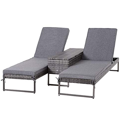 Outsunny Conjunto de 2 Tumbonas de Terraza con Mesa Ratán 195x60x86 cm