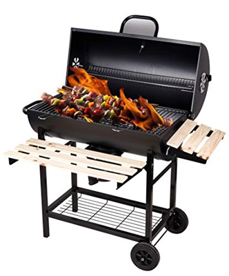 SunJas Barbacoas de Carbón Parrilla con Ruedas para Jardín Exterior BBQ con Soportes Facil Movimiento, con 2 Estantes de Madera Plegable para Almacena