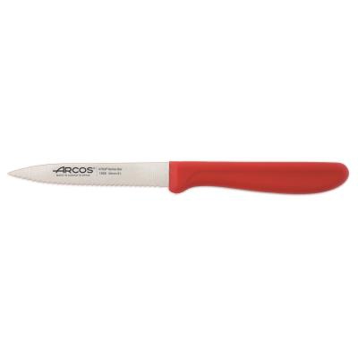 Cuchillo Mondador Arcos Génova 180612 de acero inoxidable Nitrum y mango de Polipropileno COLOR  rojo, hoja de 10 cm con funda hoja y caja expositor