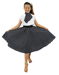 FALDA Y PAÑUELO PARA EL CUELLO NEGRO CON PUNTOS BLANCOS PARA DISFRAZ INFANTIL CON DESEÑO DE PUNTOS ESTILO AÑOS 50 ROCK N ROLL en oferta