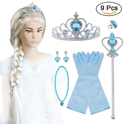 Vicloon 9pcs Princesa Accesorios Conjunto Peluca/Corona/Sceptre/Anillo/Pendientes/Collar/Guant
