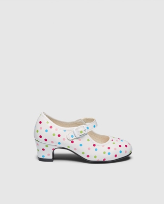 Olé Tus Zapatos - Zapatos De Flamenca De Niña De Color Blanco Con Detalle Lunares Multicolor