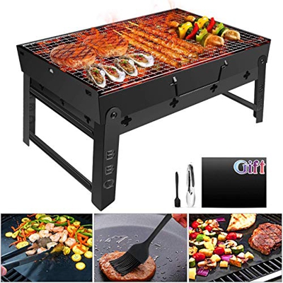 Barbacoa Portátil GolWof Barbacoa Plegable Barbacoa de Acero Inoxidable Barbacoa Carbón Parrilla con BBQ Tapete, BBQ Clip y Cepillo de Aceite para Jar