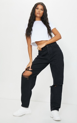 PRETTYLITTLETHING - Jean boyfriend noir délavé déchiré aux genoux, Washed Black