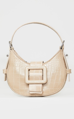 Mini sac effet croco nude à boucle, Neutre