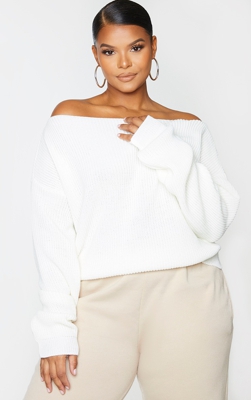 PLT Plus - Pull court en maille tricot crème à encolure bateau, Crème