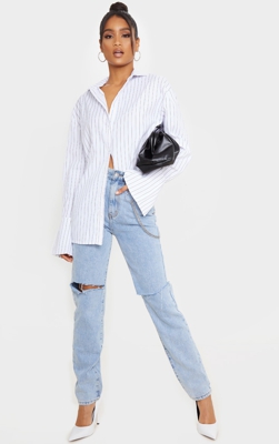 Jean droit long très délavé déchiré aux genoux, Délavage bleu clair