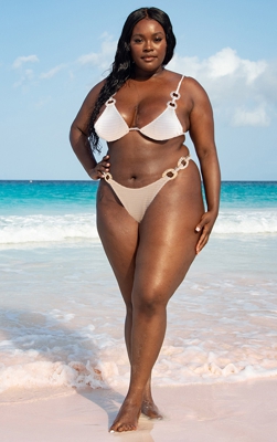 PLT Plus - Haut de maillot de bain triangle en velours gaufré nude à anneau doré martelé, Doré