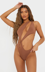 Maillot de bain asymétrique découpé marron à anneau, Brun en oferta