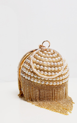 Sac sphérique doré à perles et franges de strass, Doré precio