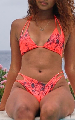 Bas de maillot de bain imprimé serpent corail fluo à paillettes, Corail néon