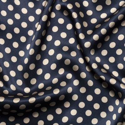 Tissu satin de soie bleu marine imprimé pois 100% Italie